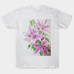 Pink clematis watercolor flowers painting T-Shirt